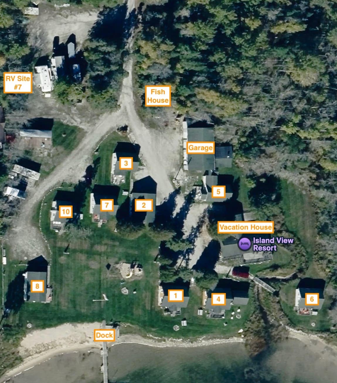 Aerial satellite view of Island View Resort — click a cabin marker to view details